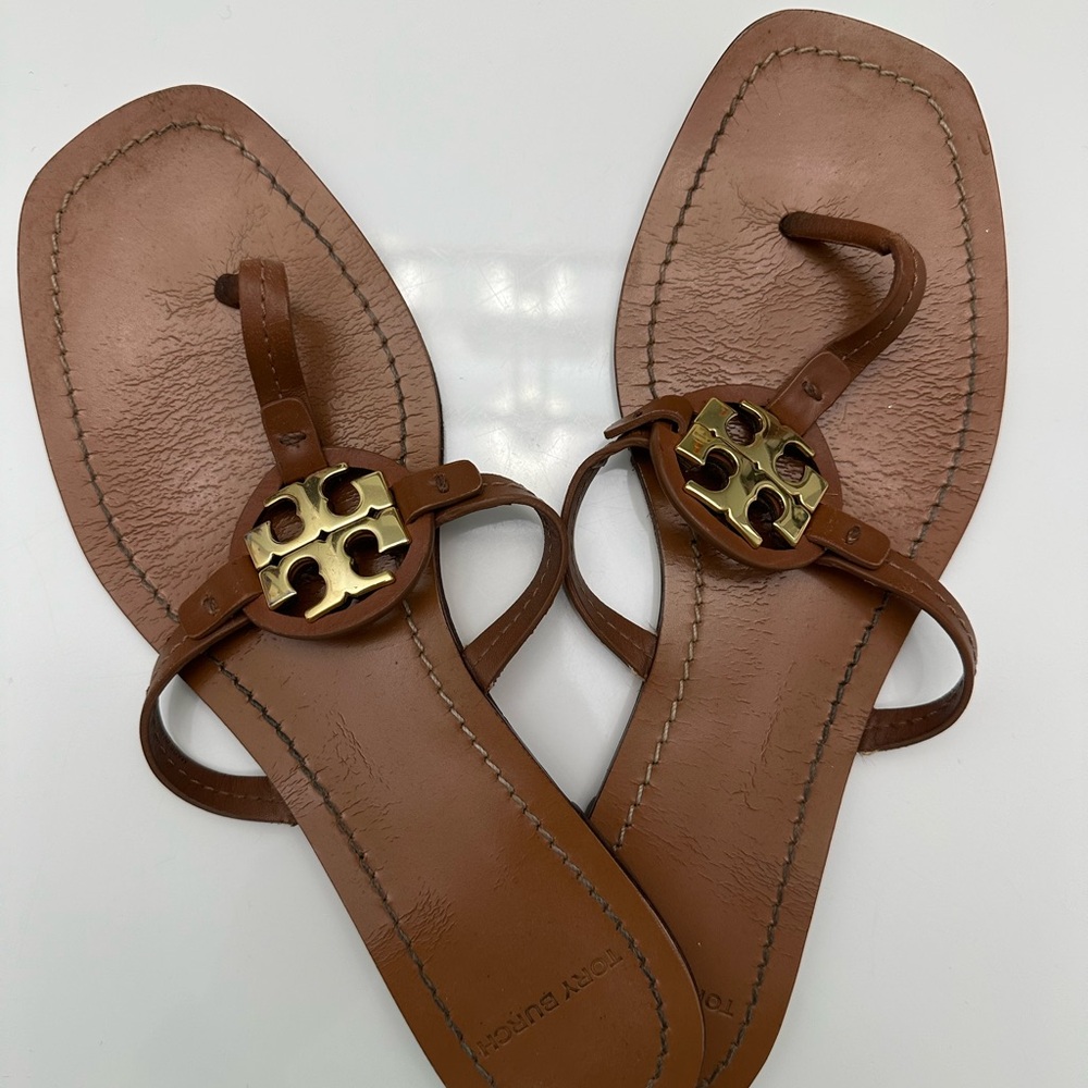 Tory Burch Tan Leather Sandals with Gold Emblem